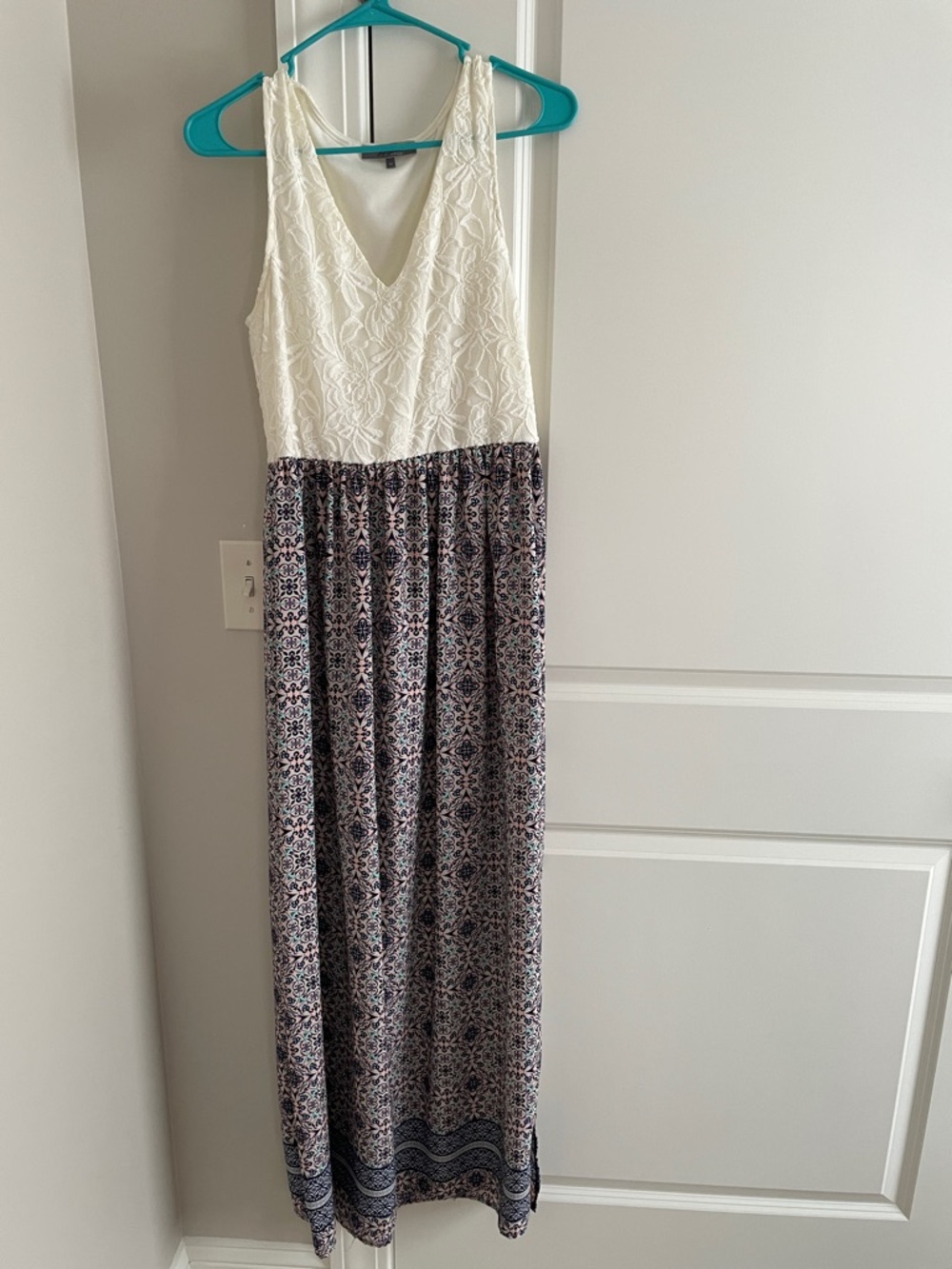 Cream Lace Bodice Maxi Dress with Patterned Skirt